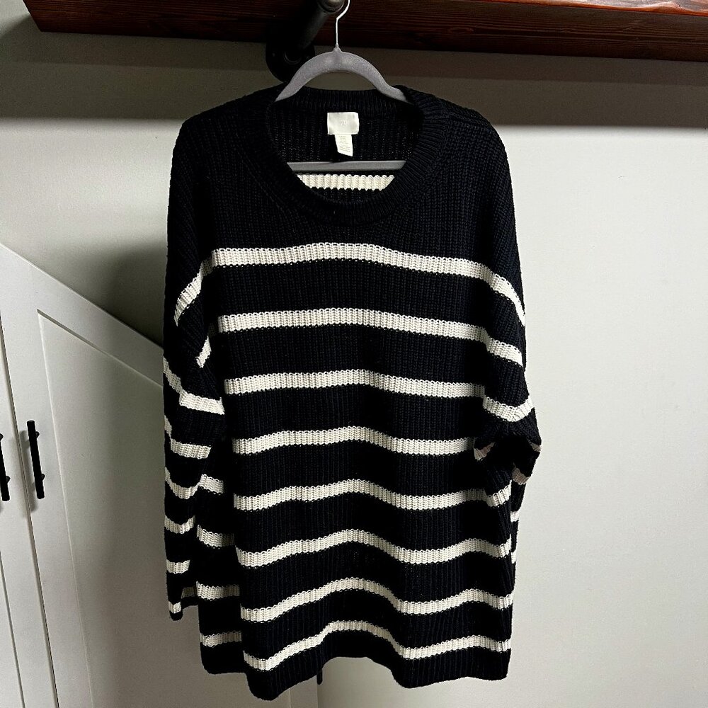 H&M Oversized Cotton Blend Striped Sweater -  2XL - Black & White